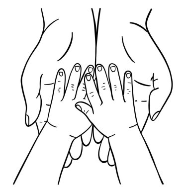 Çocuklar, kadınların ellerinde sanat vektörü çizimleri siyah renk. Bakım ve sevgi kavramı