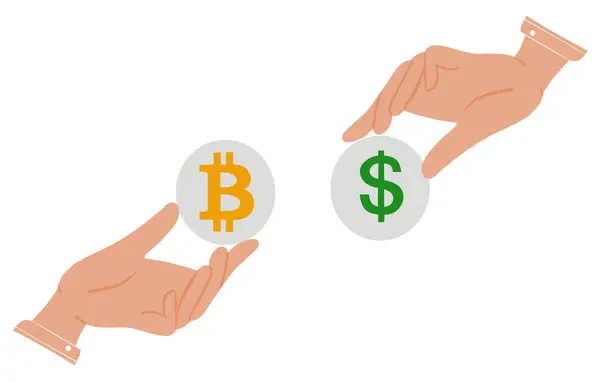 Bitcoin ve dolar sembolü el vektör çiziminde. Ticaret, kripto para ve iş dünyasının finansal konsepti