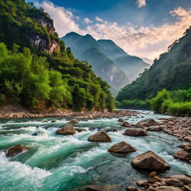 Eski moda hippi tarzında köknar ormanı olan puslu bir manzara.