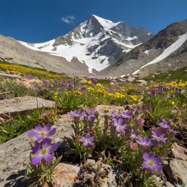 Alta Kayak Tatil Köyü 'ndeki Albion Havzasında Şeytanlar Kalesi' nde Günbatımı ve kır çiçekleri.