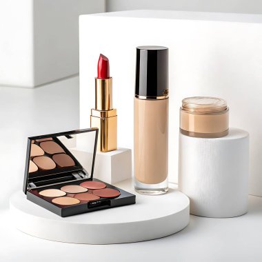 Göz kamaştırıcı bir yüz için makyaj fırçası, toz ve renkli kozmetik seti.