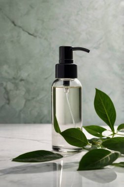 Siyah pompalı temiz bir cam şişe mermer yüzeyde canlı yeşil yapraklarla çevrili, temiz ve taze bir ortamda kozmetik veya hijyen ürünlerini sergilemek için ideal bir odak noktasıdır. 190 karakteri hedefle.