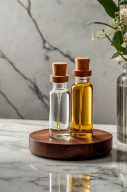 Birinde temiz yağ, diğerinde altın yağ bulunan iki şişe, yuvarlak ahşap tepside sergileniyor. Mermer bir zemine dayanan bu görüntü güzellik, sağIık ve minimalist zarafeti çağrıştırıyor. Hedef uzunluğu.