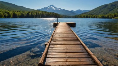 Sakin bir göle uzanan ahşap bir rıhtım manzarası, etrafındaki dağları yansıtıyor ve berrak mavi gökyüzünün altında yemyeşil bir orman, sakin ve davetkar bir atmosfer yaratıyor..