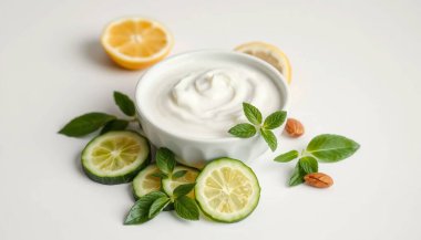 Bir kase kremalı yoğurt taze limon dilimleri ve parlak nane yapraklarıyla güzelce düzenlenir. Temiz beyaz arka planda, sağlıklı ve ferahlatıcı özelliklerini ön plana çıkarır..