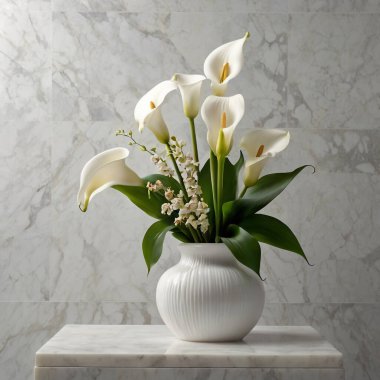 Zarif zambaklar ve vadinin zambakları mermer bir yüzeyde beyaz bir vazoda düzenlenir..