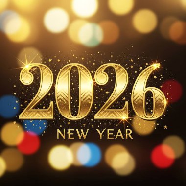 A golden '2026' with stars and bokeh lights creates a festive New Year image. It symbolizes joy, anticipation, and the promise of a bright future ahead.