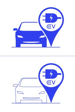 Elektrikli araba parketme ve elektrikli taşıt şarj istasyonu için şarj levhası, konum haritası simgesi üzerinde araba ve vektör simgesi olan elektrik prizleri.