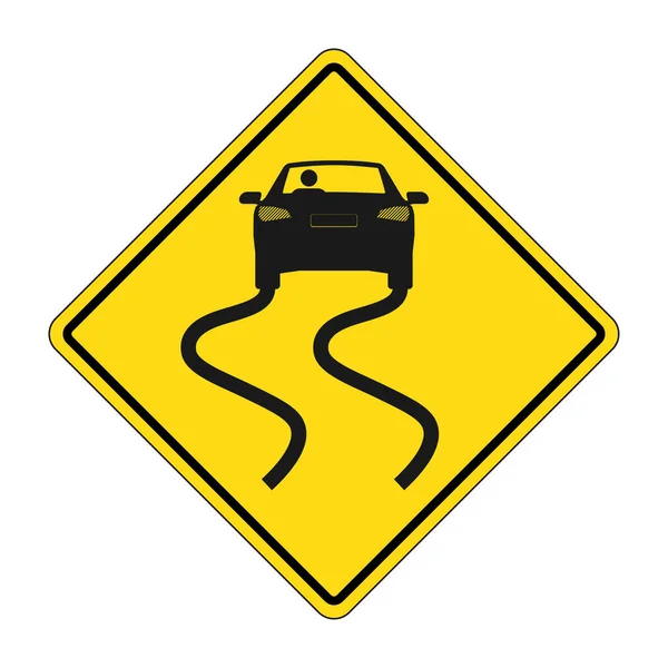 黄色のダイヤモンド型警告滑りやすい道路標識 黄色の道路標識に車輪のマークの曲線を持つ車のバックビュー ベクトル — ストックベクタ