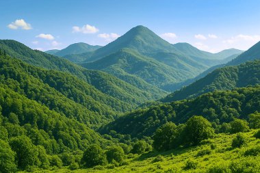 Bu çarpıcı görüntü, yoğun ormanlar ve yuvarlanan tepelerle kaplı parlak mavi gökyüzünün altındaki yemyeşil dağların panoramik görüntüsünü yakalar. Sahne, doğanın dokunulmamış güzelliğini yansıtıyor. Seyahat bloglarında kullanmak için mükemmel.,