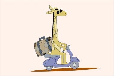Bu eğlenceli ve kaprisli vektör illüstrasyonunda büyük bir seyahat çantası taşıyan, eski model bir scooter 'a binerken güneş gözlüğü takan havalı bir zürafa yer alıyor. Sanat eserleri macera ve mizah ile eğlenceli bir seyahat havası yakalar..