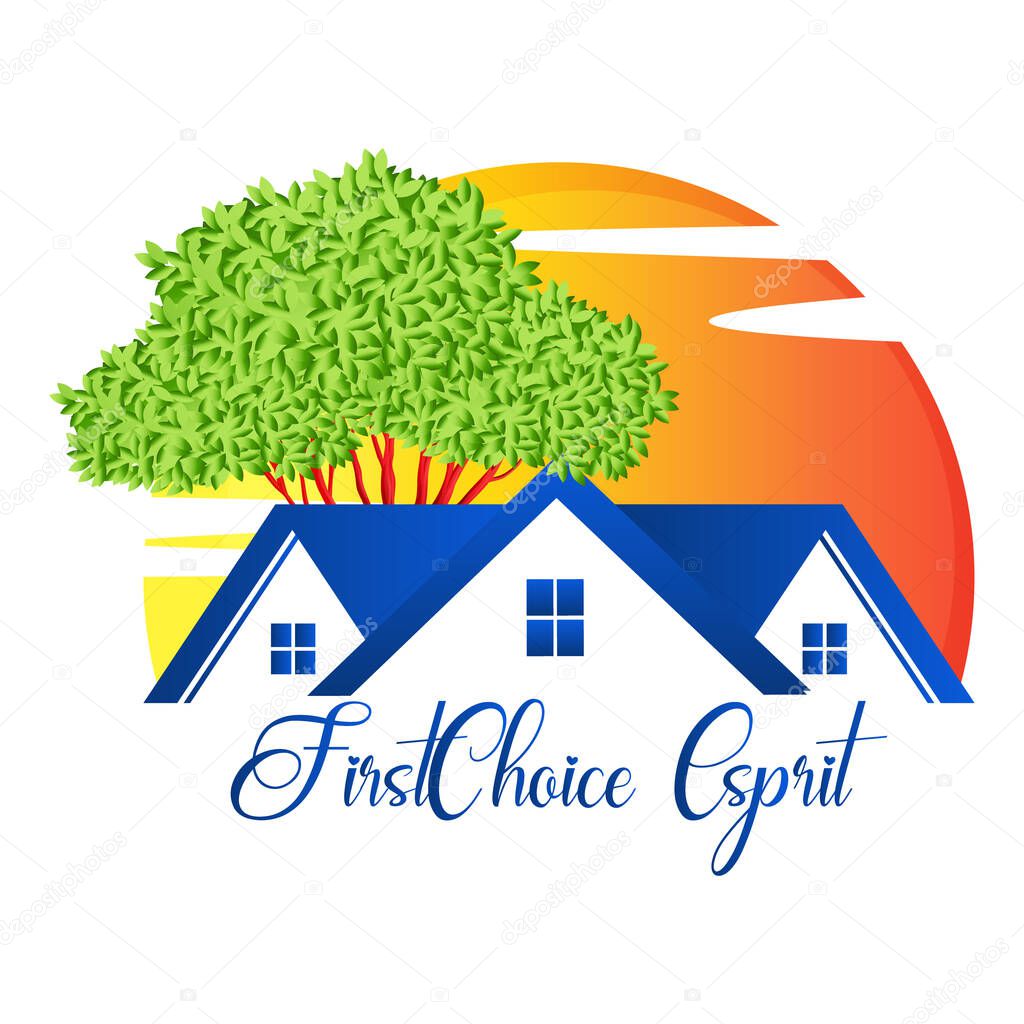 This logo combines elements of nature and home design, featuring a stylized house with a vibrant, tree-filled sun rising behind it. The suns warm orange and yellow hues contrast beautifully with the blue rooftops, warmth, and new beginnings.