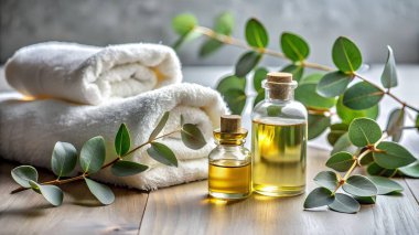 Tahta bir yüzey üzerinde yuvarlanmış beyaz havlular, gerekli yağ şişeleri ve taze yeşil yaprakların yer aldığı sakin bir spa sahnesi rahatlama ve refahı çağrıştırıyor. Aromaterapi ve kişisel bakım temaları için mükemmel..