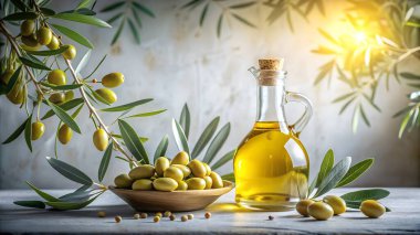 Bir şişe altın zeytin yağı, taze zeytin ve yumuşak güneş ışığı altında yemyeşil dallardan oluşan kırsal bir sahne. Mutfak, Akdeniz ya da doğa temalı projeler için mükemmel..