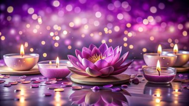 Canlı bir mor nilüfer çiçekleri etrafa saçılmış yapraklar ve parlak bir fon ile çevrili parlayan mumların arasında açar. Bu dingin sahne, sihirli mor bir tonda huzur, meditasyon ve ruhani sükuneti çağrıştırıyor..
