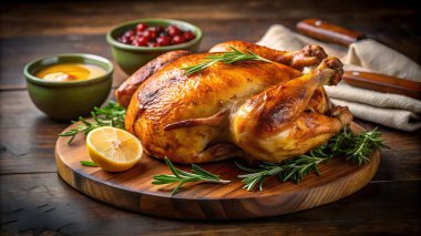 Biberiye ve limonla süslenmiş, ahşap bir tahtada kızılcık sosu ve hardalla servis edilmiş mükemmel kızartılmış bir tavuk. Tatil yemekleri ya da aile toplantıları için ideal..