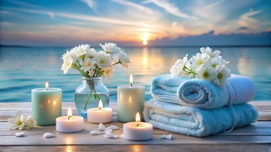Parlak mumlar, beyaz çiçekler ve ahşap bir yüzeye sarılmış havlularla, çarpıcı bir okyanus günbatımına karşı kurulmuş sakin bir spa. Rahatlama, sağIık ve farkındalık temaları için mükemmel..