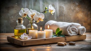 Beyaz orkideler, yanan mumlar, rulo havlular ve ahşap tepside gerekli yağ içeren rahatlatıcı bir spa sahnesi. Rahatlama, sağIık ve farkındalık için mükemmel..