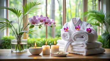 Beyaz havlularla, yanan mumlarla ve canlı orkidelerle dolu, ahşap bir yüzeye kurulmuş, bereketli yeşillikle çerçevelenmiş huzurlu bir spa. Rahatlama ve refah temaları için mükemmel.