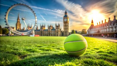 Canlı bir tenis topu, gün batımında parlayan Londonların ikonik simgeleri Londra Gözü ve Big Ben 'in bulunduğu yemyeşil çimlere dayanır. Spor ve manzaranın mükemmel bir karışımı..