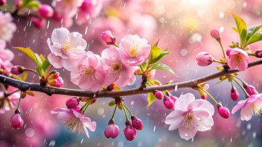 Narin pembe kiraz çiçekleri dalda açar, yumuşak güneş ışığıyla yıkanır ve rüya gibi bir bokeh arka planı vardır. Huzurlu bir bahar sahnesi doğanın güzelliğini ve huzurunu yansıtıyor..