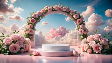 A stunning floral arch adorned with pink roses frames a white pedestal against a backdrop of fluffy clouds. This dreamy, pastel scene evokes romance and elegance, perfect for weddings or celebrations.
