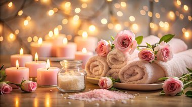 Yumuşak pembe güller, sarılmış beyaz havlular, parlayan mumlar ve etrafa saçılmış banyo tuzları içeren sakin bir spa sahnesi. Rahatlama ve refah temaları için ideal.