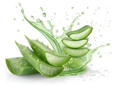 Etrafına su sıçrayan taze aloe vera dilimlerinin canlı bir görüntüsü sulu dokularını ve doğal yeşil tonlarını gözler önüne seriyor. Sağlık, cilt bakımı ve doğa temalı projeler için mükemmel..