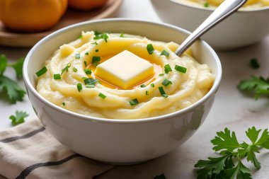 Erimiş tereyağı ve taze bitkilerle kremalı patates püresi.