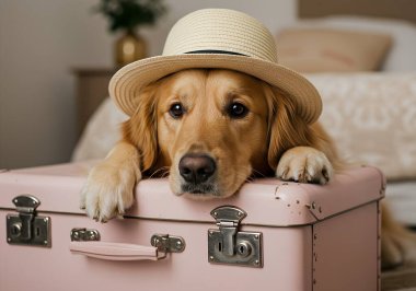 Şapkalı Golden Retriever Bavula Dinleniyor