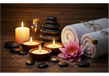 Bu sakin spa sahnesiyle bir dakikalık huzurun tadını çıkarın. Sıcak mum ışığı ahşap bir yüzey üzerinde dans eder, pürüzsüz taşlar, narin bir nilüfer çiçeği ve titizlikle sarılmış havlular aydınlatır. Bu görüntü derin bir rahatlama hissi uyandırıyor.