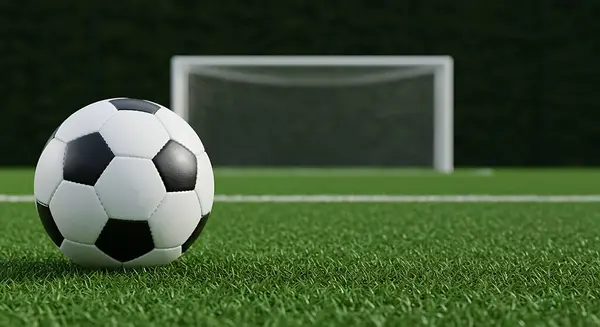 Close-up of a soccer ball on a vibrant green field, ready for the game.