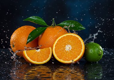 Canlı portakallar ve su damlacıklarıyla dolu bir limon. Tazelik ve narenciye aromalı. Yiyecek ve içecek temaları için mükemmel.