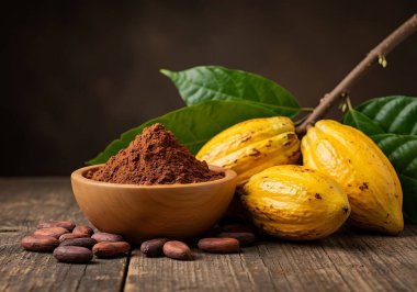 Çikolatanın zengin özünü keşfetmek için taze toplanmış kakao çekirdekleri ve pudra içeren bu büyüleyici makro pozu kullanın. Görüntü, yıpranmış, kırsal ahşap bir masanın üstünde sergilenen kakaonun çiğ, organik güzelliğini gösteriyor. Canlı sarı ve yeşil 
