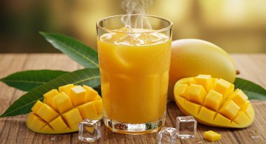 Bir bardak soğutulmuş mango suyunun canlı ve ferahlatıcı görüntüsüne kapıl, güzel bir şekilde buz küpleri ve kırsal ahşap bir masada taze, olgun mangolarla sunulmuş. Bu lezzetli ve sağlıklı hayat yaz tazeliğinin özünü yakalıyor, Highlig.