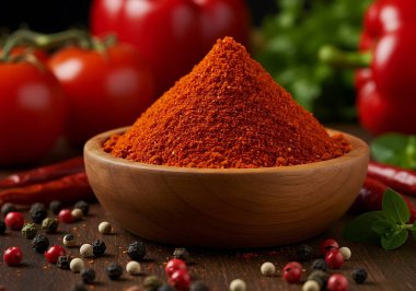 Canlı bir natürmort, kırmızı biber tozunun zengin rengini ve aromatik kalitesini sergiler. Kırsal bir ahşap kase taze domates, karabiber ve kırmızı biberle birlikte parlak kırmızı biberle doludur. Bu aşçılık kompozisyonu aynı zamanda f
