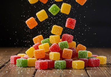 Canlı bir makro fotoğraf çekiminde renkli şeker kristalleri ile tozlanmış küp şekerler sergilenir. Bu tatlılar, kırmızı, turuncu, sarı ve yeşil tonlarında, kırsal ahşap bir yüzeyde sanatsal bir şekilde düzenlenmiştir.