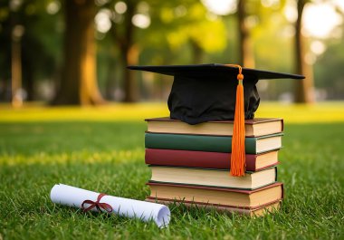 Yakın planda, yüksek öğrenim ve akademik başarıyı sembolize eden bir yığın kitabın üzerinde mezuniyet şapkası sergileniyor. Bu görüntü mezuniyet sezonu ruhunu ve bilgi arayışını mükemmel bir şekilde yansıtıyor. Bulanık yeşil çimenlik bir arka plan ile, iletişim