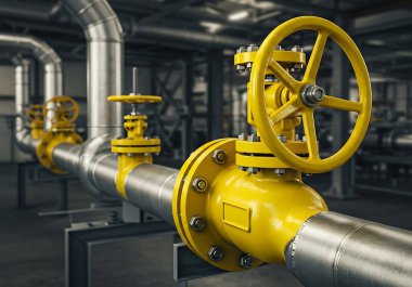 Endüstriyel boru hattı sistemi, modern üretim süreçlerinin karmaşık sarı valf ağı ve metalik borular integralini sergiliyor. Bu detaylı yakın çekim gaz, petrol ve yakıt taşımacılığının arkasındaki mühendislik ve altyapıyı ortaya koyuyor.