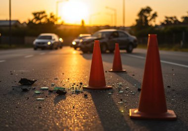 Dramatik bir sahne, güneşli bir yolda geçirilen bir araba kazasının sonrasını çeker. Görüntü, trafik konileriyle çevrili ağır hasarlı bir arabayı gösteriyor, kaza mahallini vurguluyor. Kırık cam ve molozlar asfaltı kirletiyor ve kazayı vurguluyor.