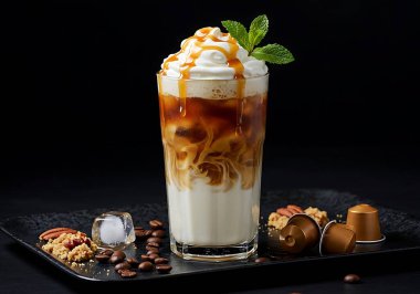 Ferahlatıcı ve şık bir buzlu karamelli latte, her durum için mükemmel bir kahve içeceği. Bu yakın çekim stüdyo çekiminde, zengin espresso, kremalı süt ve tatlı karamel şurubuyla ustalıkla hazırlanmış lezzetli bir buzlu kahve var. Garnishe