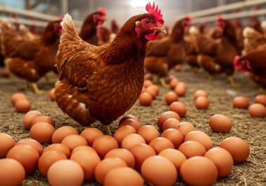 Yakın plan çekimde kahverengi tavuklar bir ahırın içinde bol miktarda taze yumurta hasadı arasında yumurtluyorlar. Bu resim, tarım endüstrisinin hayati bir yönünü vurgulayarak yumurta üretiminin kalbini gözler önüne seriyor. Görüntü, Grou 'daki kahverengi yumurtaları betimliyor.