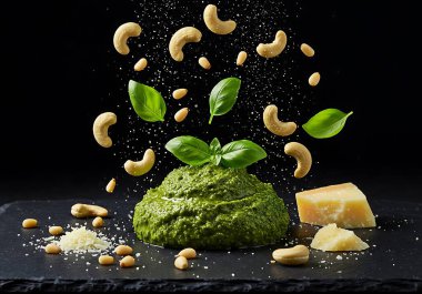 Taze pesto hazırlıklarının bu büyüleyici stüdyo çekimine hazır olun. Canlı fesleğen yaprakları ve kremalı parmesan peyniri, bu mutfak direğinin anahtar malzemesi olan fındık ezmesinin yanında, taştan bir yüzeyin üzerinde ustalıkla yüzer.