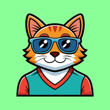 Güneş gözlüklü havalı kedi ve kameraya poz veren v yaka gömlek.