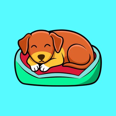 Çizgi film köpeği, açık mavi bir arka planda, rahat bir yatakta huzur içinde uyuyor.