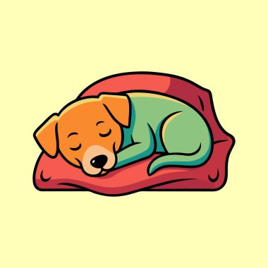 Çizgi film köpeği tatlı bir şekilde kırmızı yastığın üzerinde mışıl mışıl uyuyor.