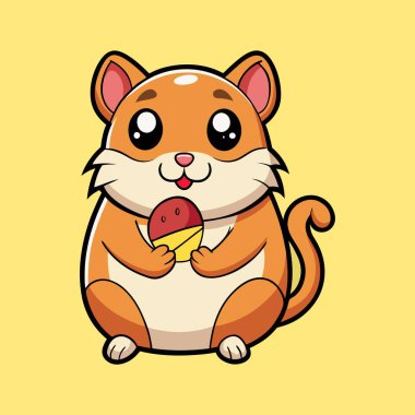Sevimli çizgi film hamsterı sarı arka planda renkli bir ziyafetin tadını çıkarıyor.