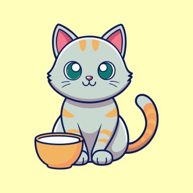 Sevimli Çizgi film Kedisi Kaseden Yemeye Hazır, Açık Sarı Arkaplan