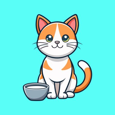 Bir Tatlı Portakal ve Beyaz Çizgi Film Kedisi Süt Kasesiyle Oturuyor