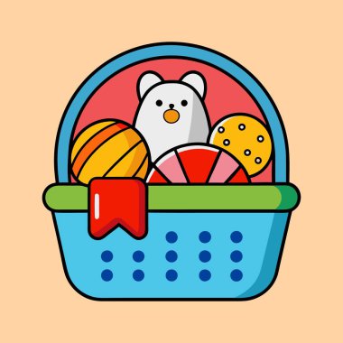 Sevimli bir ayı ve renkli yumurtalarla dolu canlı bir Paskalya sepeti çizimi